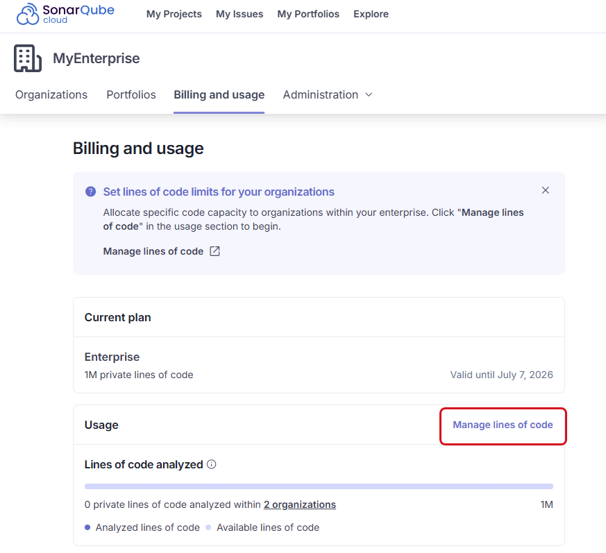 Select Manage lines of code to allocate a specific LOC limit to an organization within your enterprise