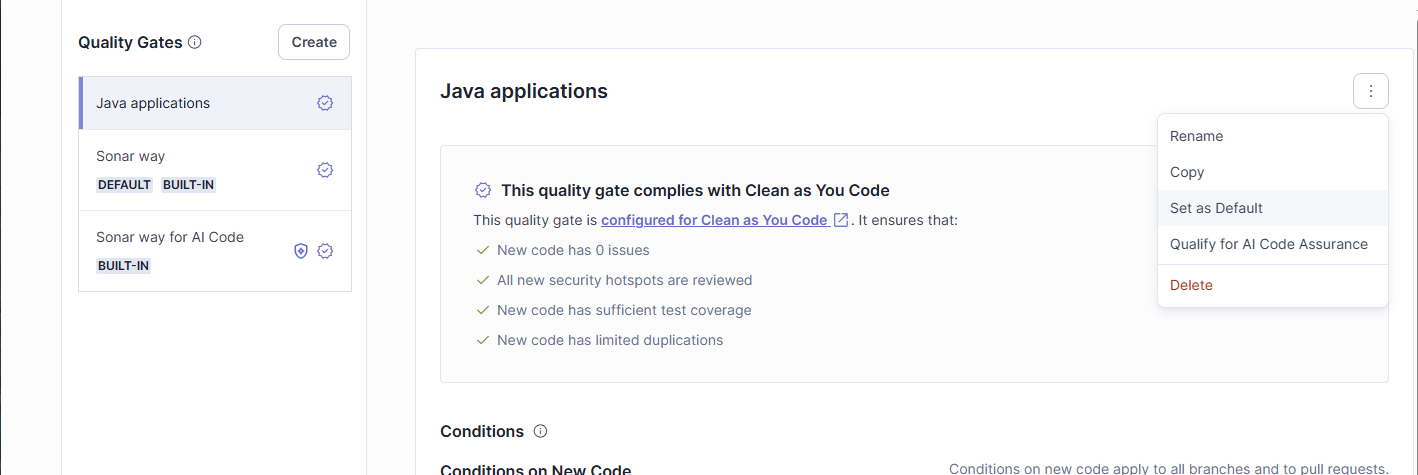 Any quality gate can be selected as your DEFAULT quality gate in SonarQube Cloud. Simply navigate to the three-dot menu of your quality gate and select Set as Default.