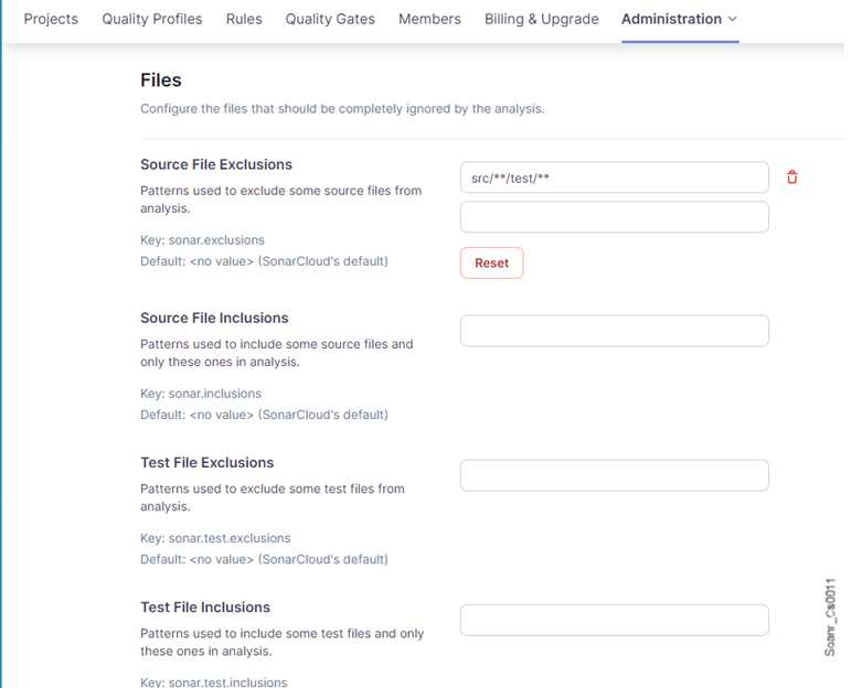 SonarQube Cloud offers you a place to add your source and test file exclusions and inclusions in the UI, at a global level. Navigate to Your Organization > Administration > Analysis Scope > Files to define your analysis scope at the global level.