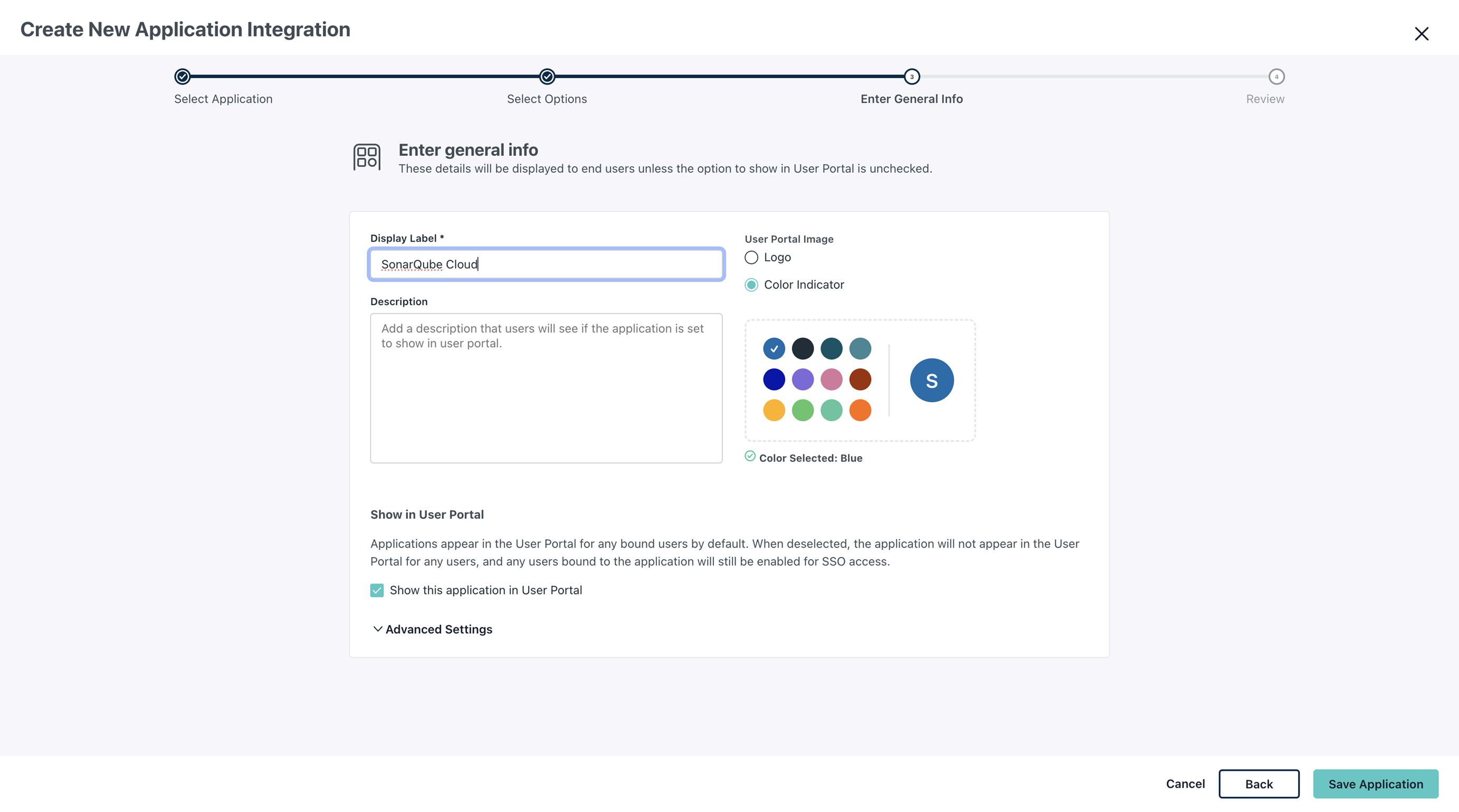 Enter a display label and select the Save Application button.