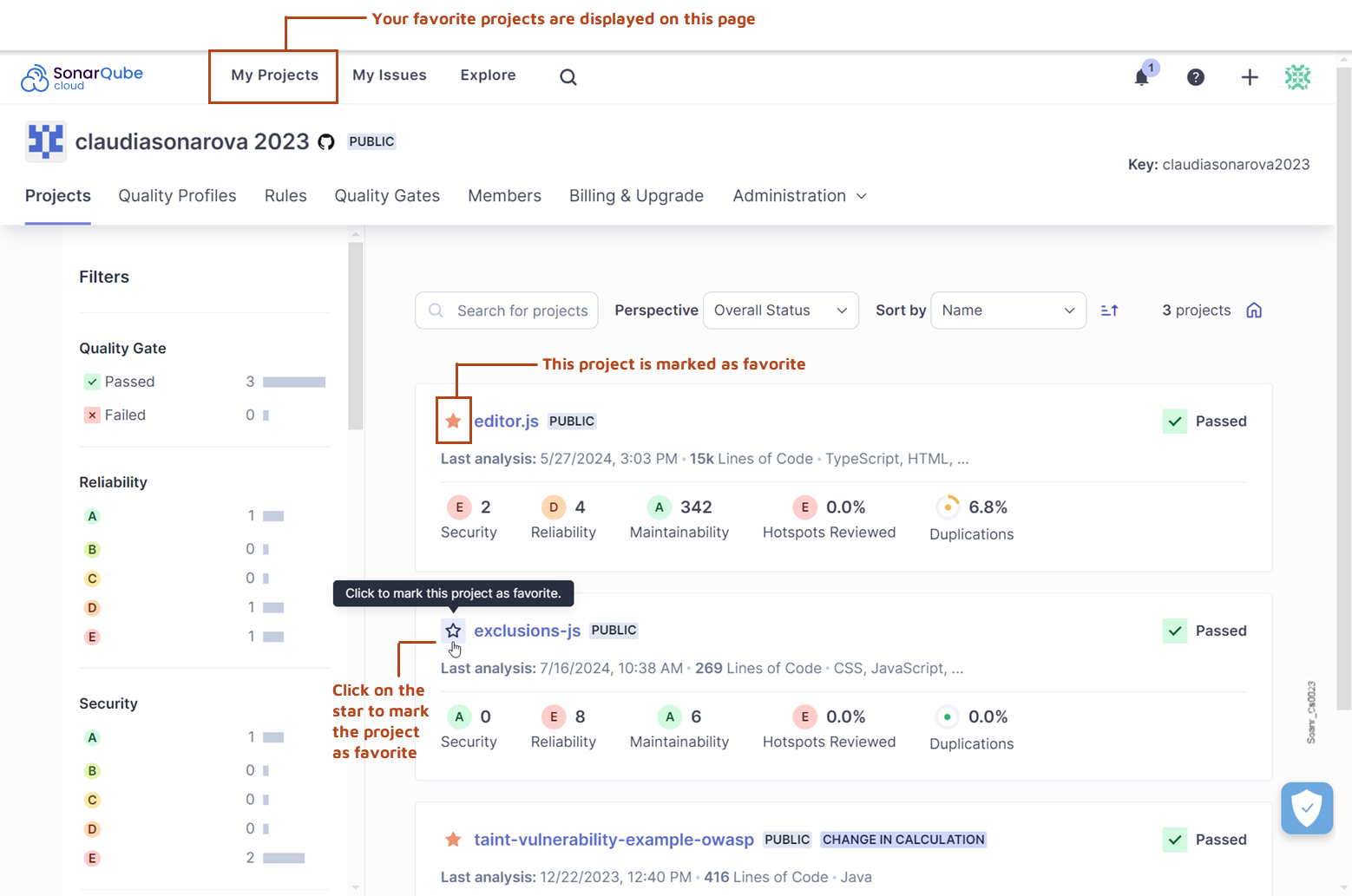 SonarQube Cloud also lets you mark your favorite projects from the My Projects page. Simply select the start next to the project name.