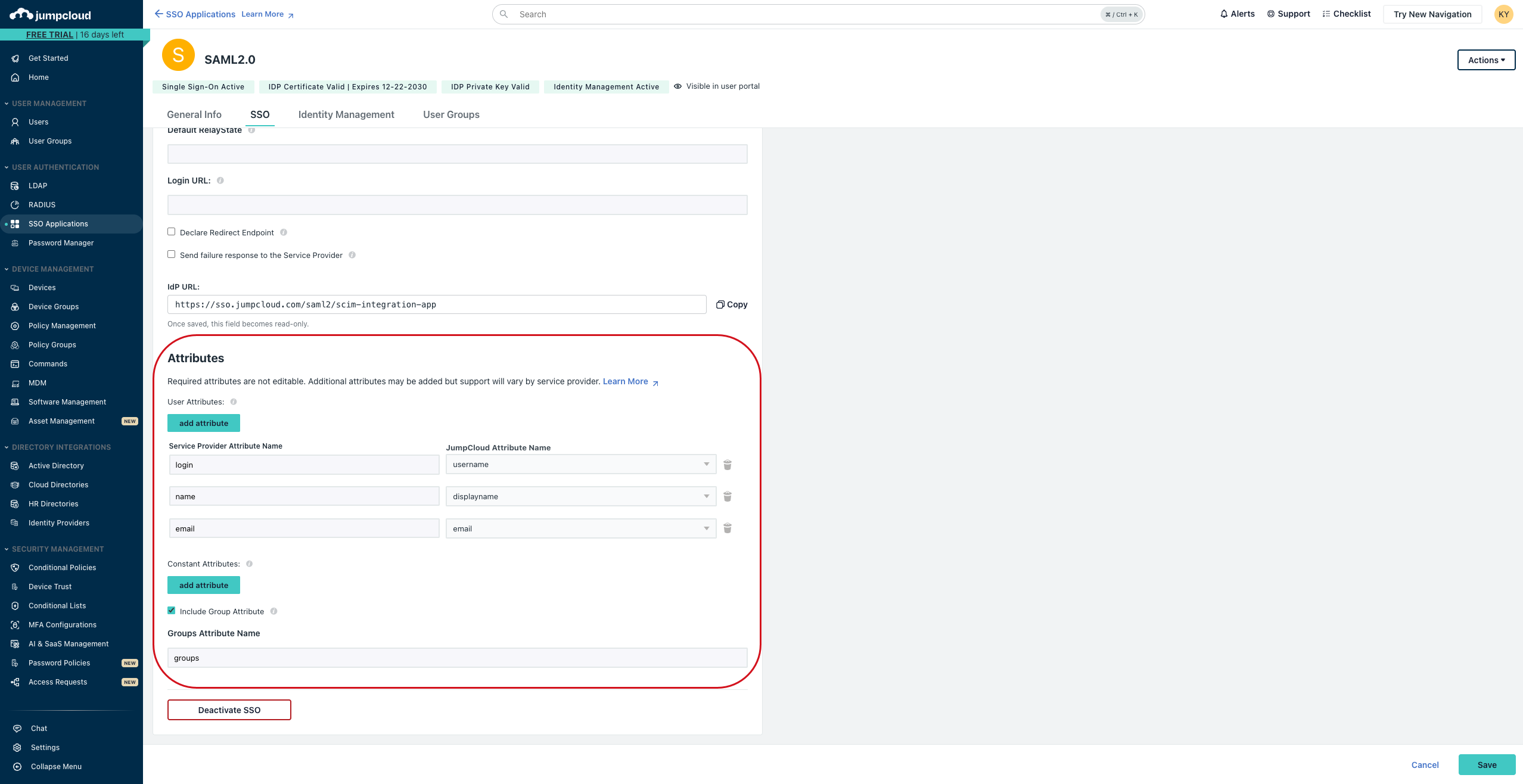 Add and configure user attributes and a group attribute.