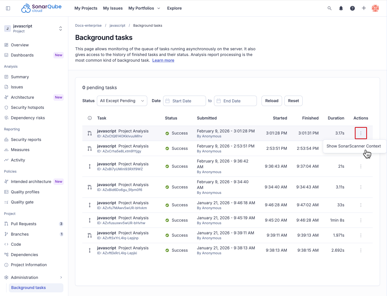 Retrieving background tasks for a project