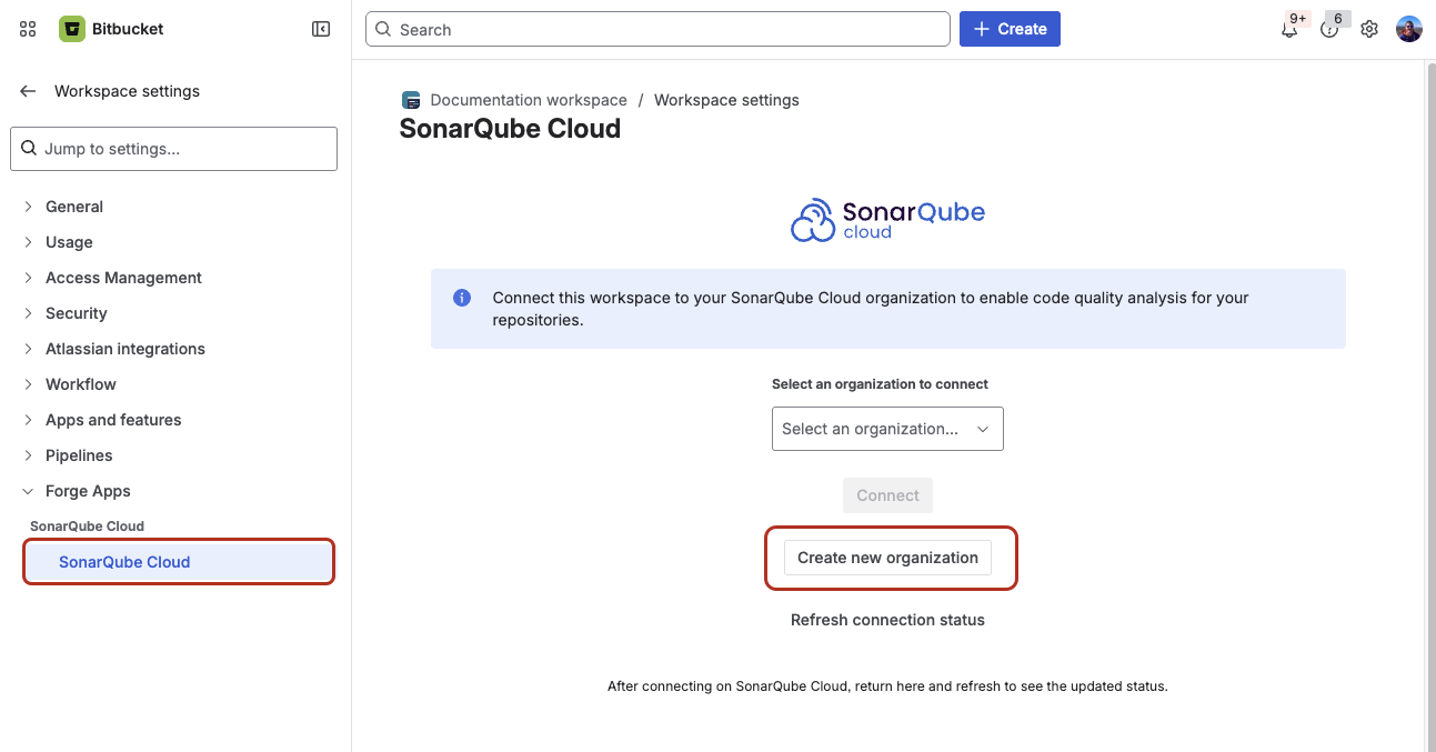 Creating a new organization from Bitbucket workspace settings