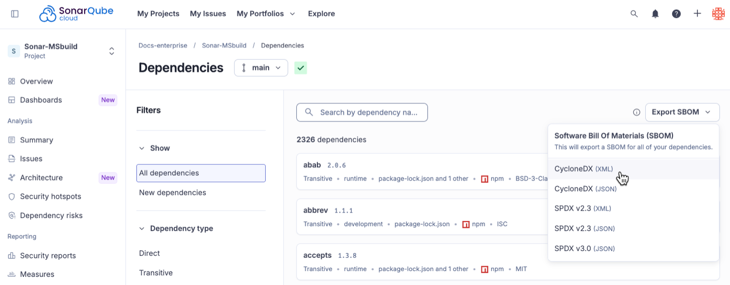 The Export SBOM button on the SonarQube Cloud UI