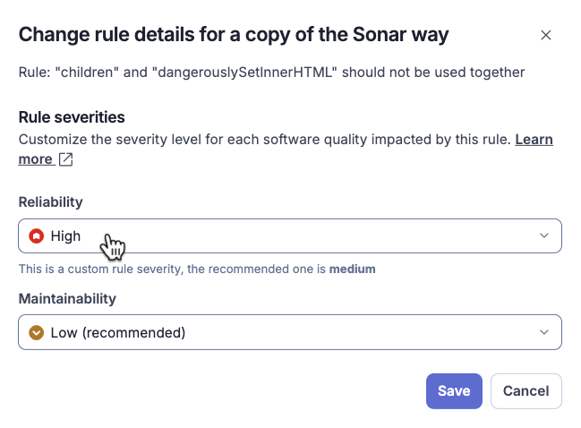 Updating a rule’s severity levels for a quality profile