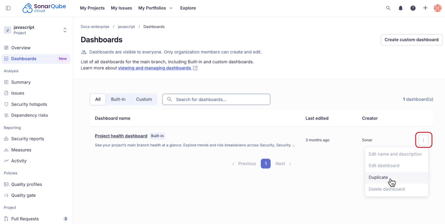 duplicating a dashboard on All dashboards page