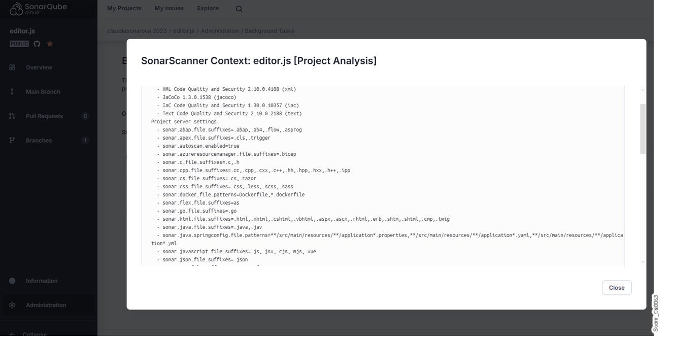 You can access the SonarScanner Context report from the Background tasks page. Here, you can find all of the properties you've defined for that SonarQube Cloud project.