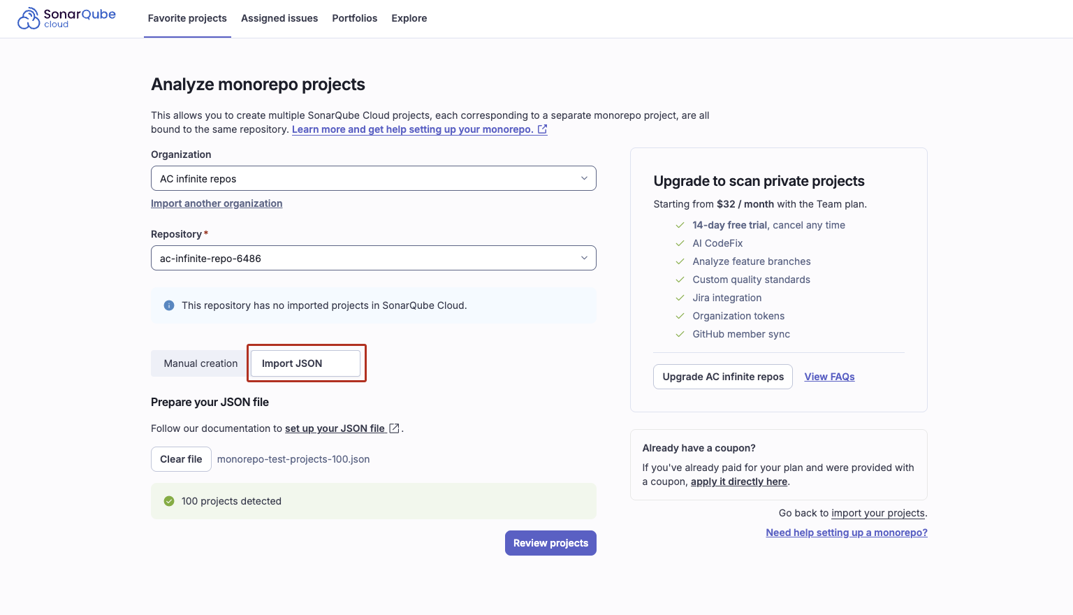 The Import JSON tab on the Analyze monorepo projects page