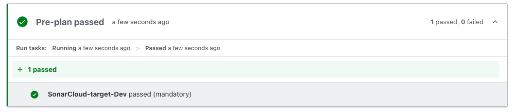 Your SonarQube Cloud run task has passed the Pre-plan!