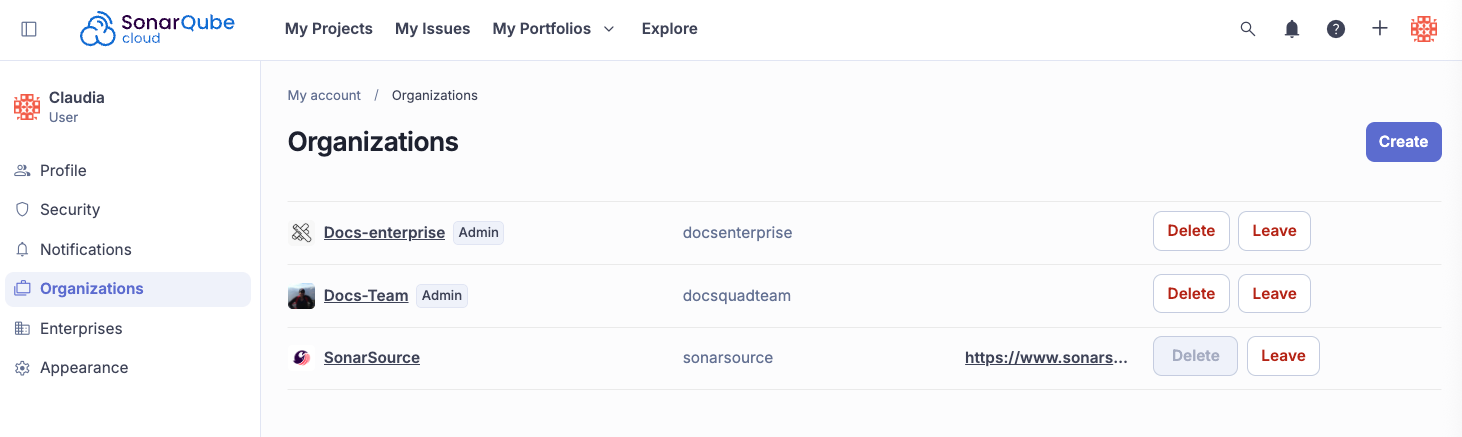 Organizations listed under your account