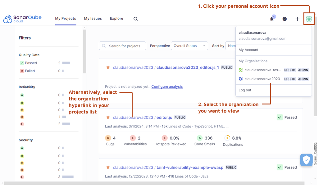 Your organizations are clearly displayed in different parts of the SonarQube Cloud UI, where appropriate.