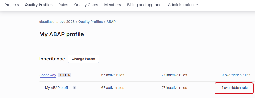 The number of overridden rules existing in your quality profile are displayed in the right-most column.