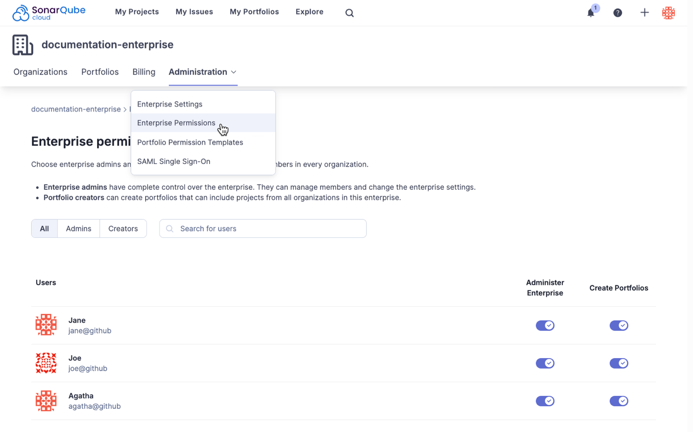 Navigate to the Enterprise permissions page to assign the Create Portfolios permission.
