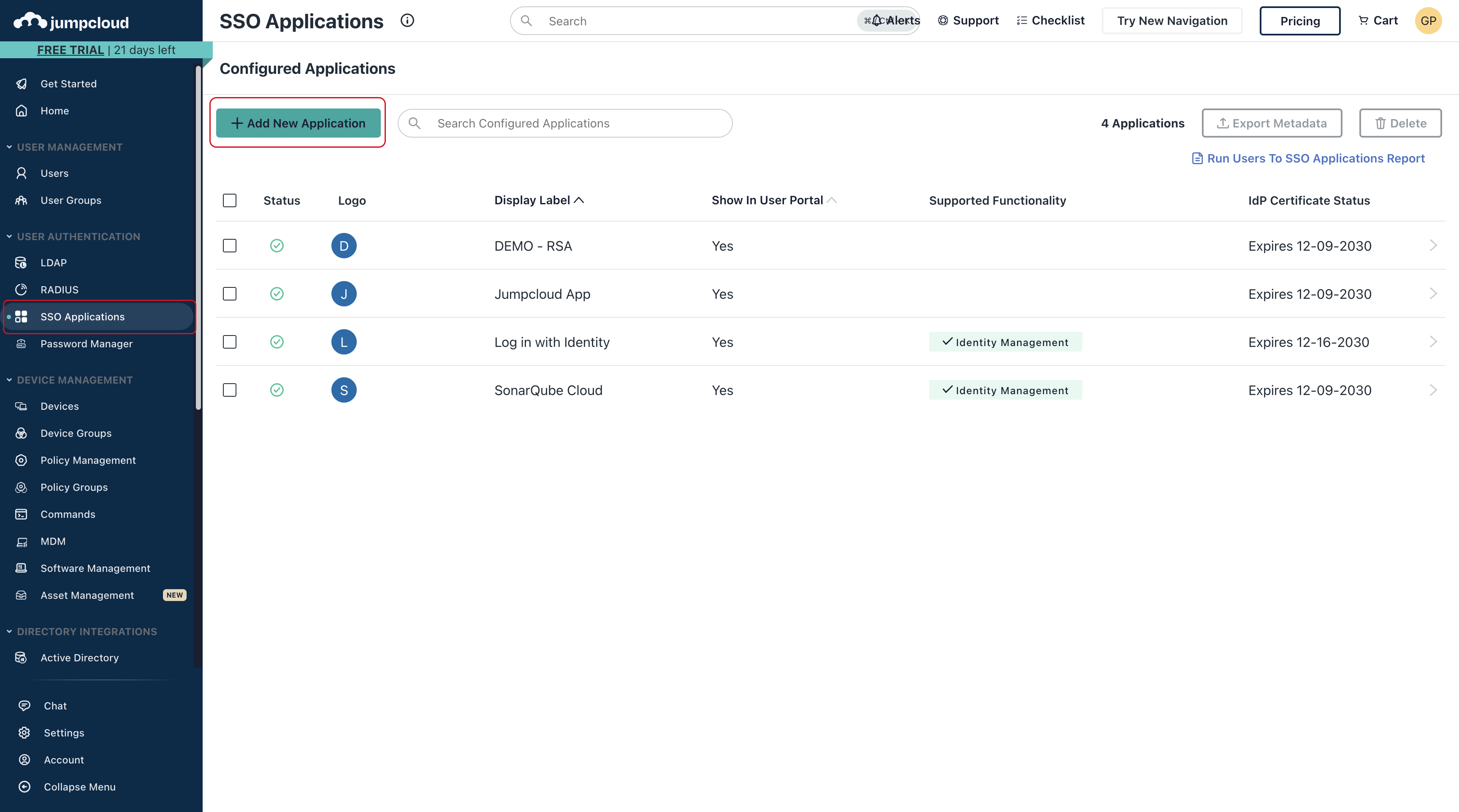 Select Add New Application to create your SonarQube Cloud application in JumpCloud.