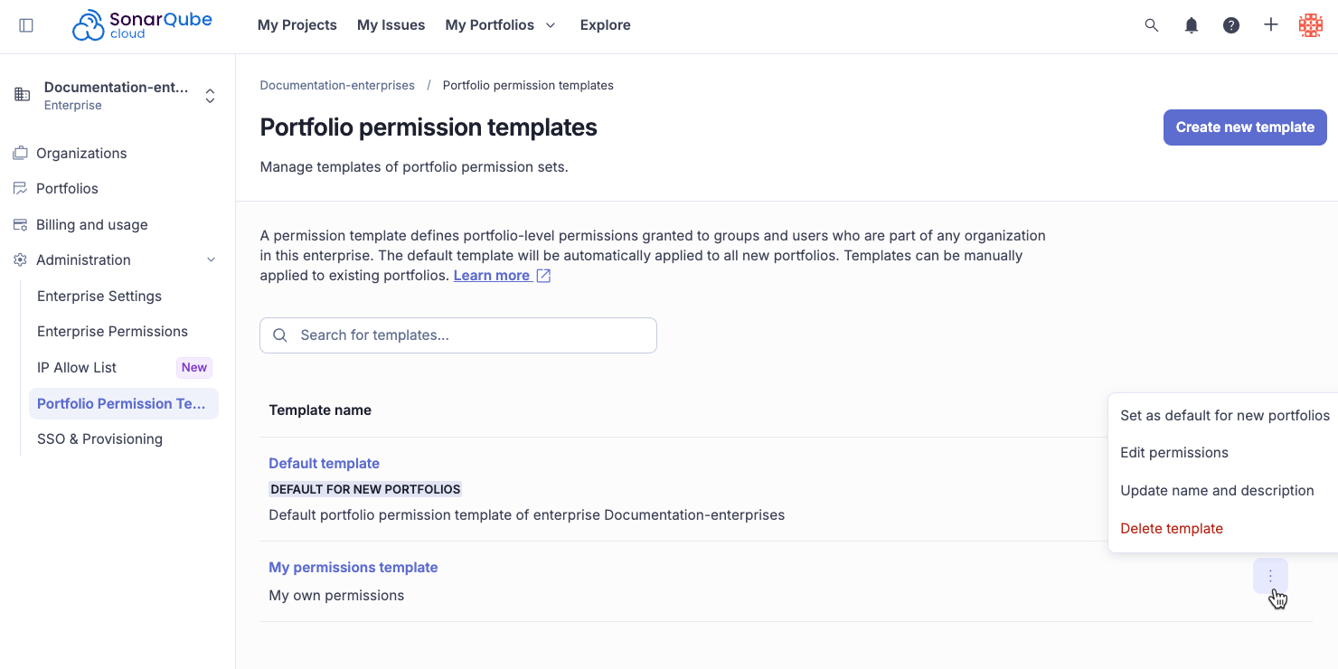 Options for the portfolio permission template