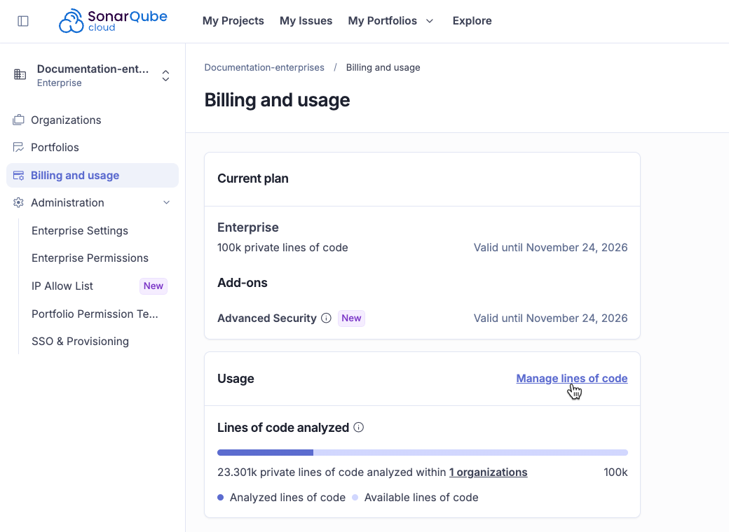 Manage your lines of code under billing and usage