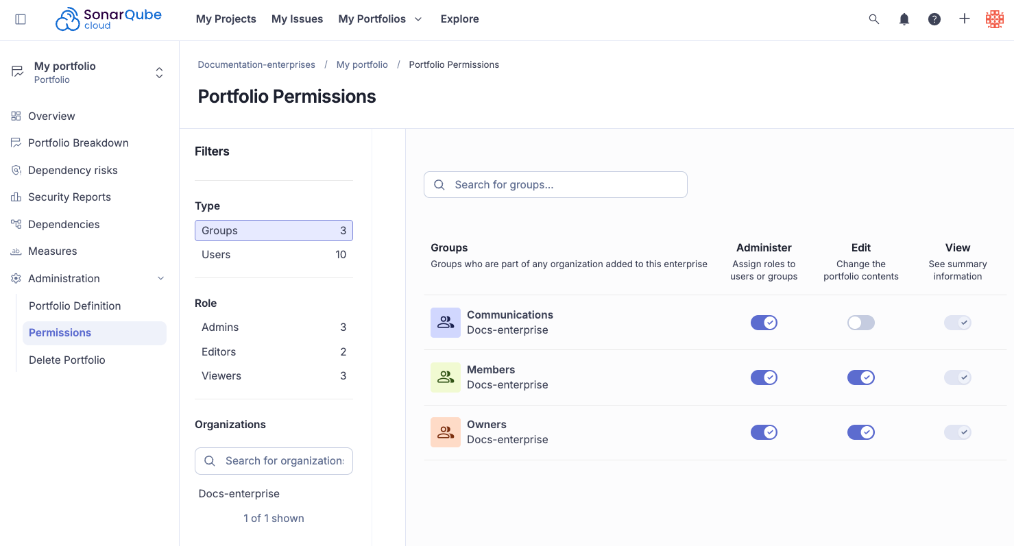 Portfolio permissions page