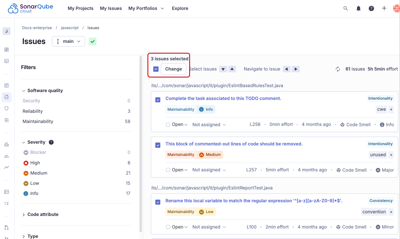 Changing issue using the bulk feature