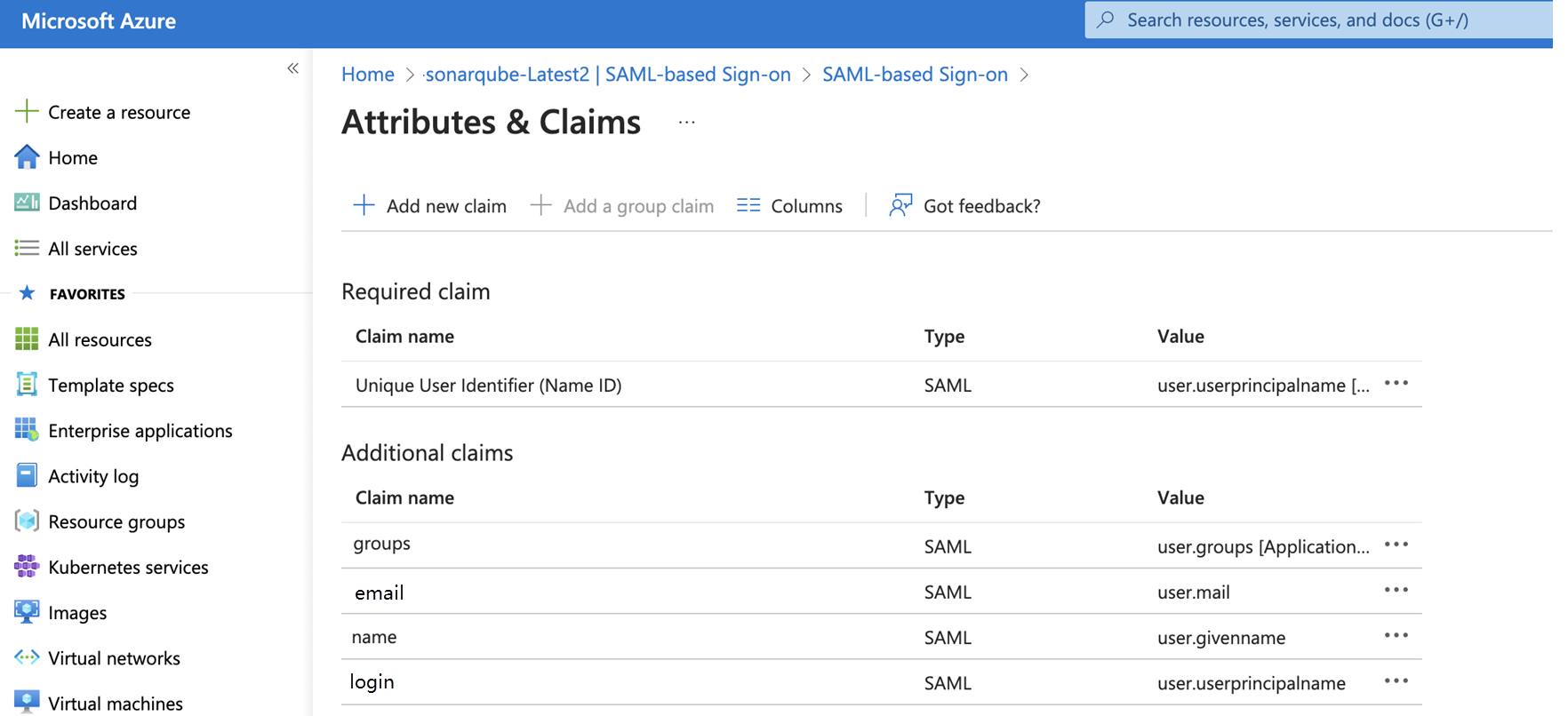 When you add your new group claims, they will appear on the Microsoft Azure Attributes & Claims page.