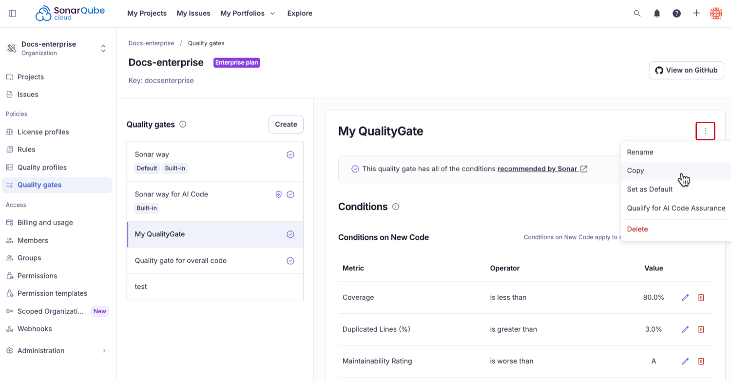 Copying an existing quality gate