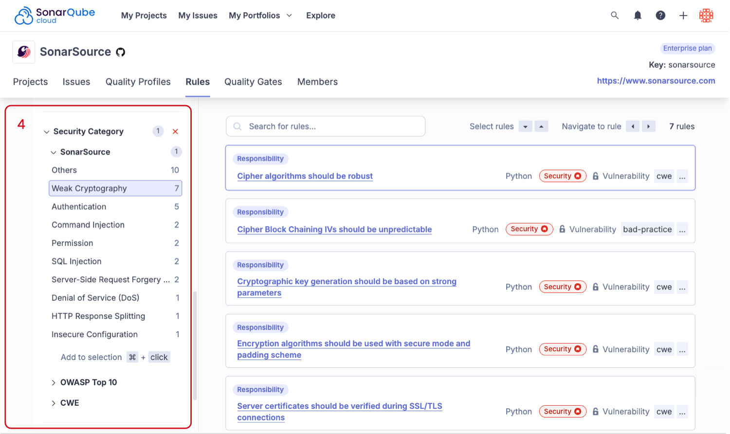 The fourth and final step to manage rules that make up your quality profile.