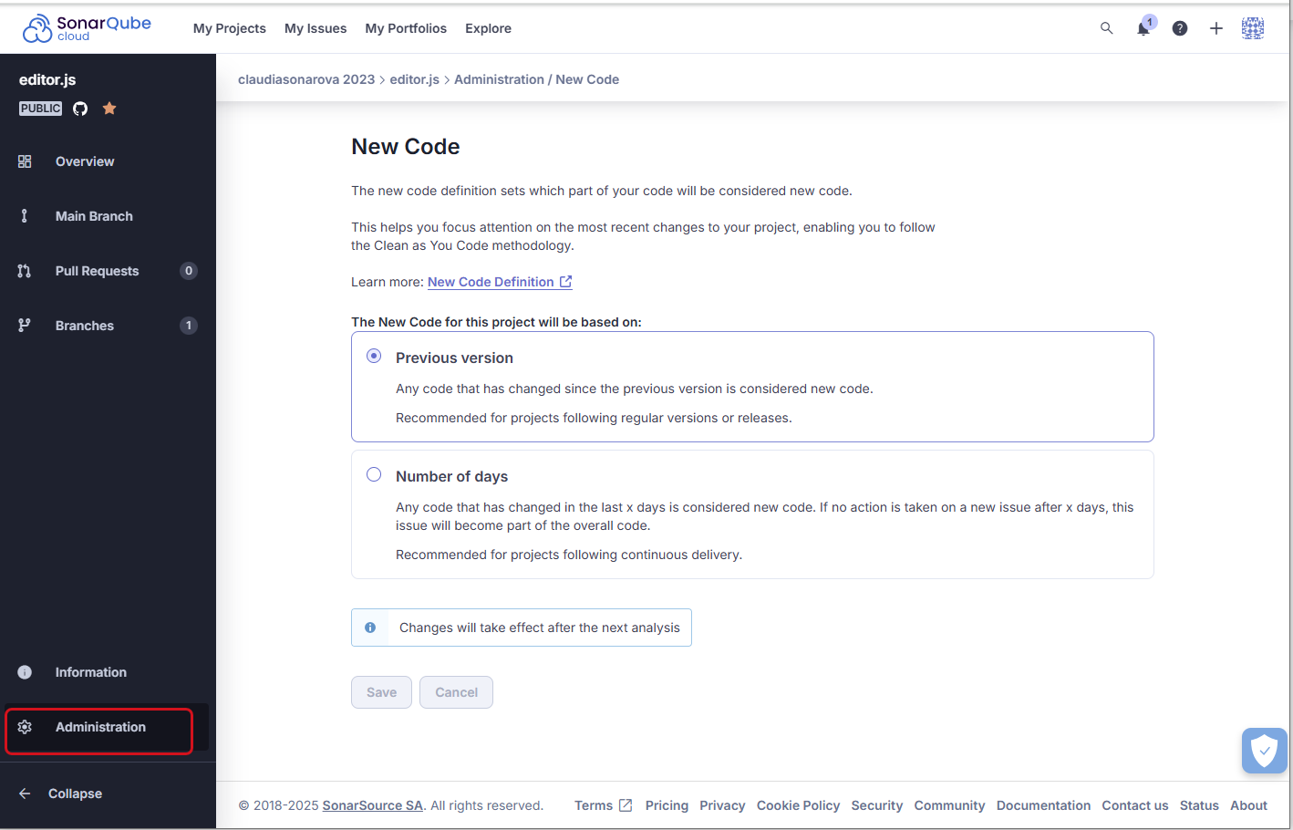 The new code definition used by your project can be defined in SonarQube Cloud at any time. Note that you must run a new analysis to see your changes take affect.