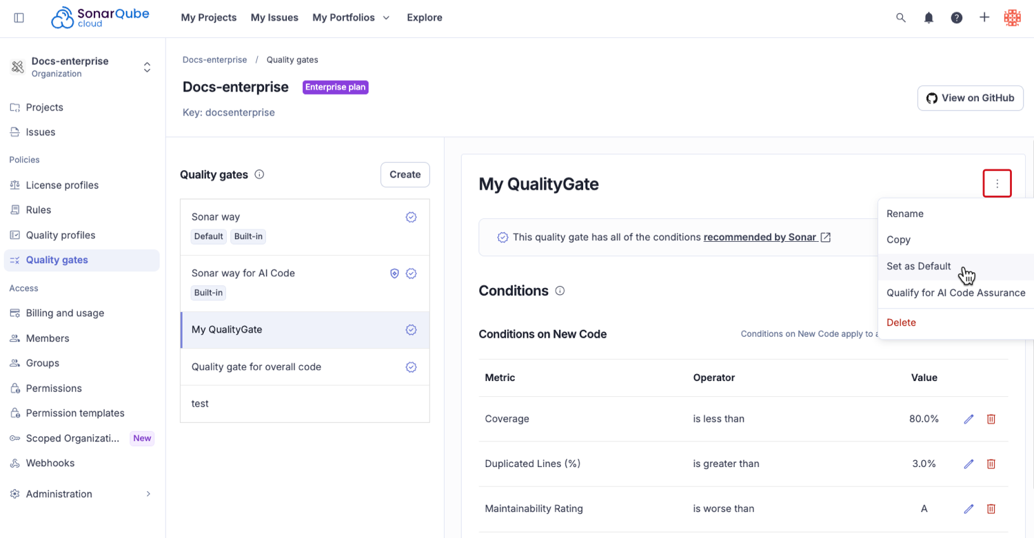 Setting a default quality gate