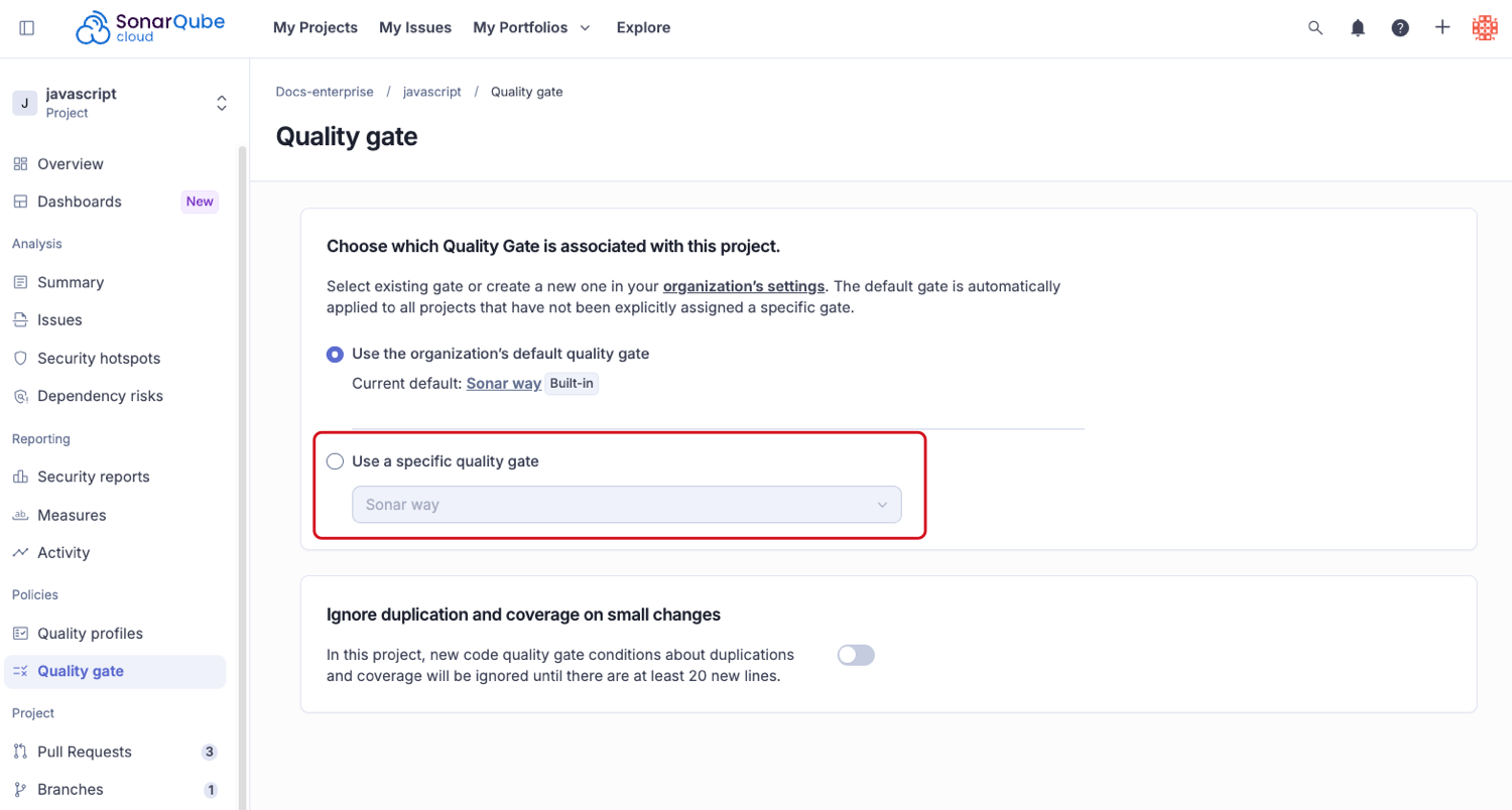 Changing settings of a quality gate