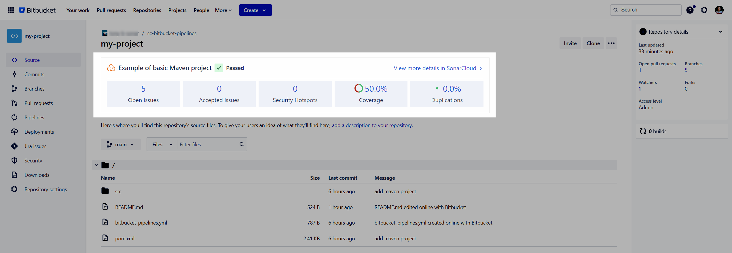 Screenshot of the Bitbucket interface with the SonarQube Cloud project analysis results widget.