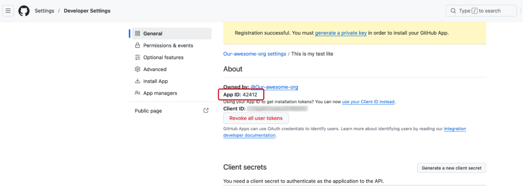 A screenshot of GitHub developer settings showing the About section for an app. The App ID is highlighted.