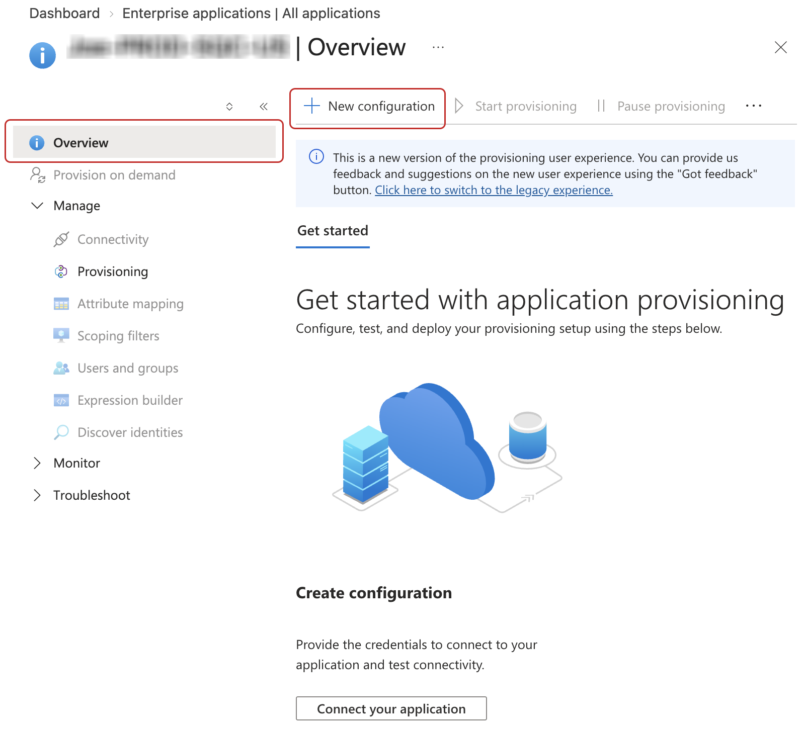 Select the New configuration button in the Provisioning page of the SonarQube Cloud app.