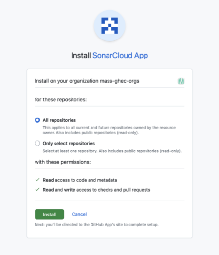 A screenshot demonstrating the installation process for the SonarCloud App on a GitHub organization. It shows options to install on all repositories or select specific ones, along with required permissions.