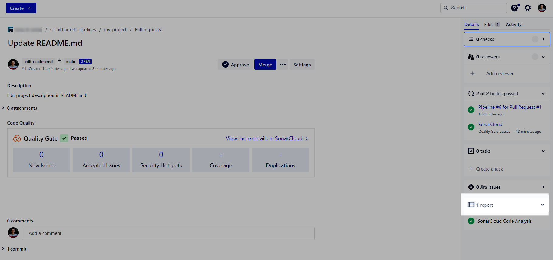 Screenshot showing how to access the SonarQube Cloud code reports in the BitBucket interface sidebar.
