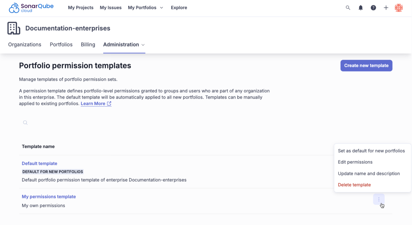 Select the three-dots to manage and edit an individual Portfolio Permissions template.