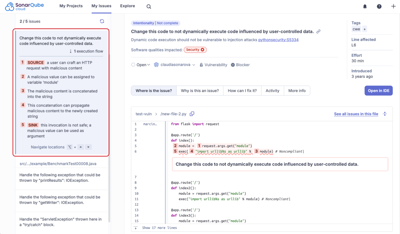 SonarQUbe Cloud calls out the execution flow for issues that break security-injection rules. The flow of information through the issue is shown in the left sidebar.