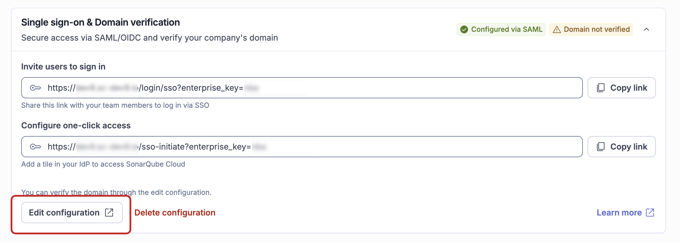 The Single sign-on & Domain verification section expanded, showing the Edit Configuration button.