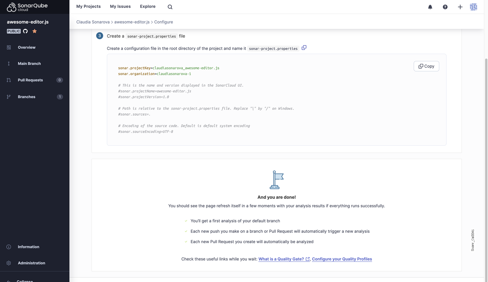 Configure all GitHub steps to connect your repository to SonarQube Cloud.