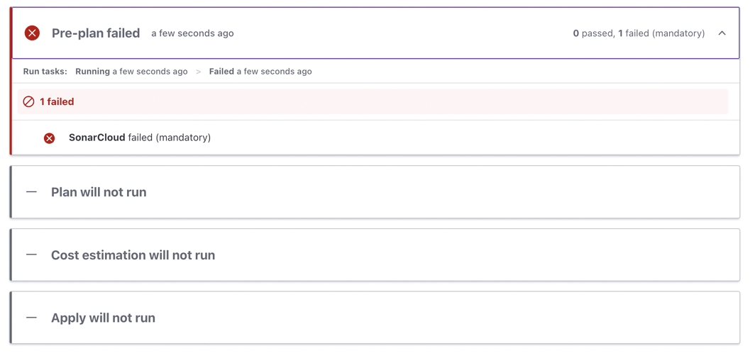 Your SonarQube Cloud run task has failed the Pre-plan.