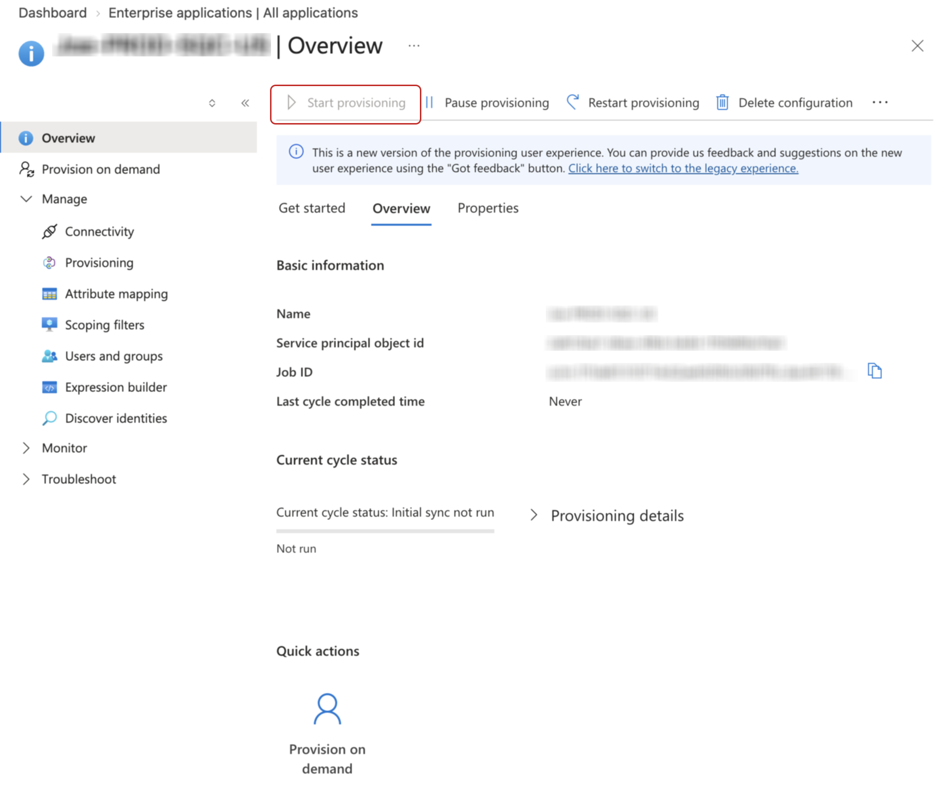Select the Start provisioning button on the Overview page.