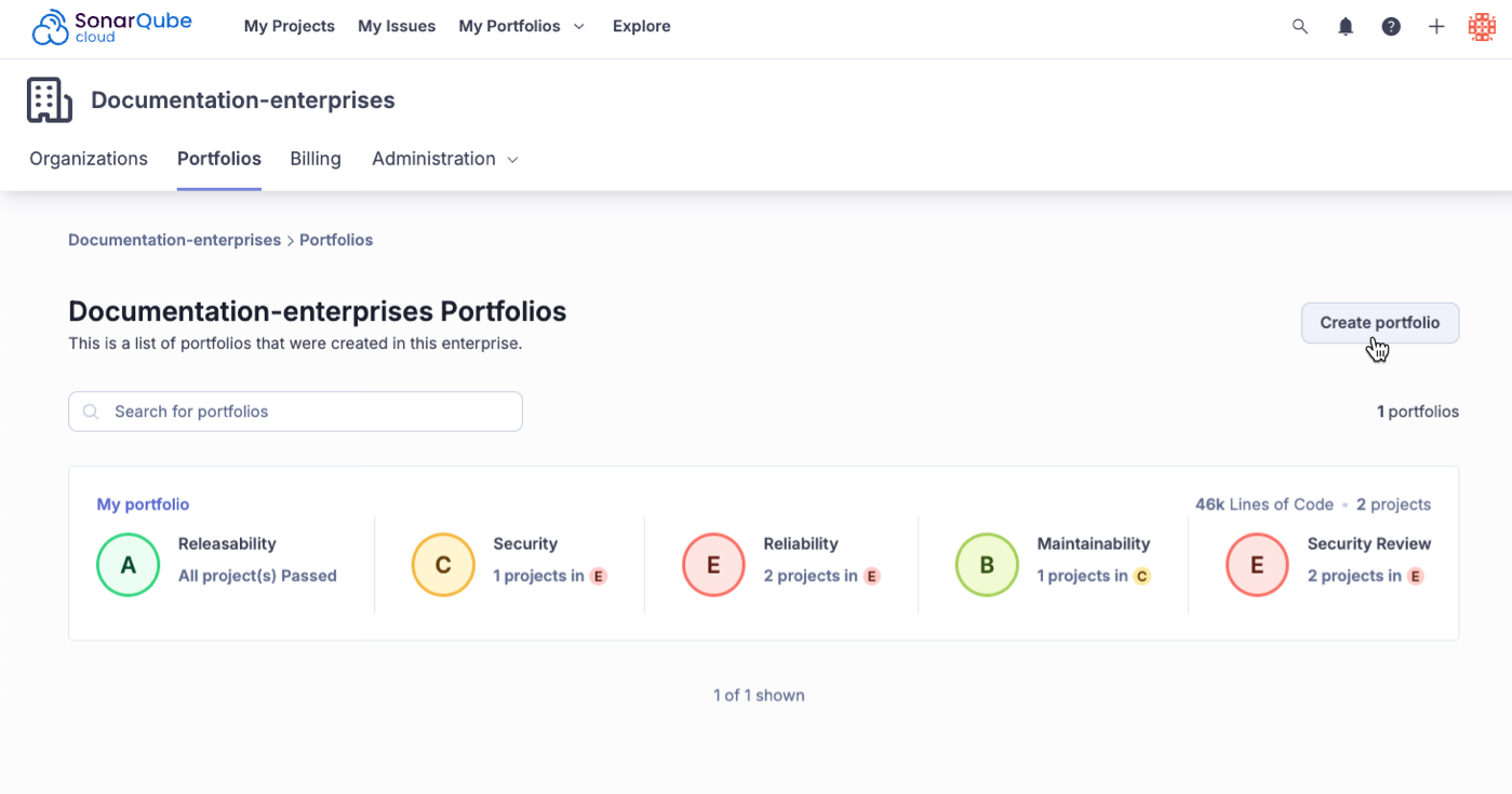 The Create portfolio button is found on your SonarQube Cloud organization's Portfolios page.