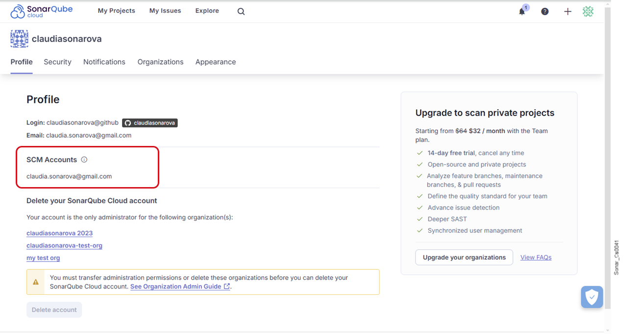 A SonarQube Cloud user's SCM account is displayed in the UI, on the user's Profile page.