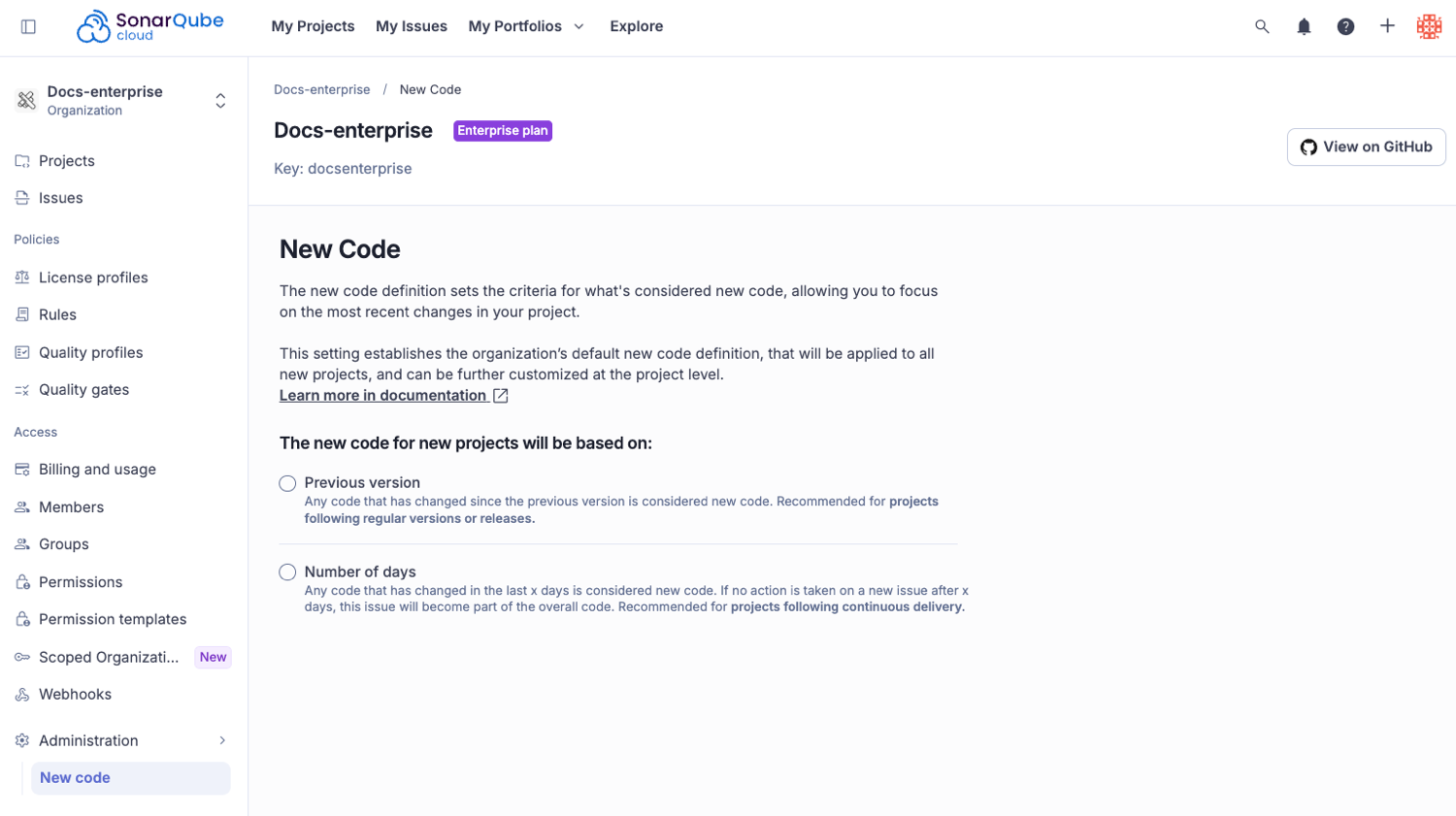 New code definition in the organization's administration