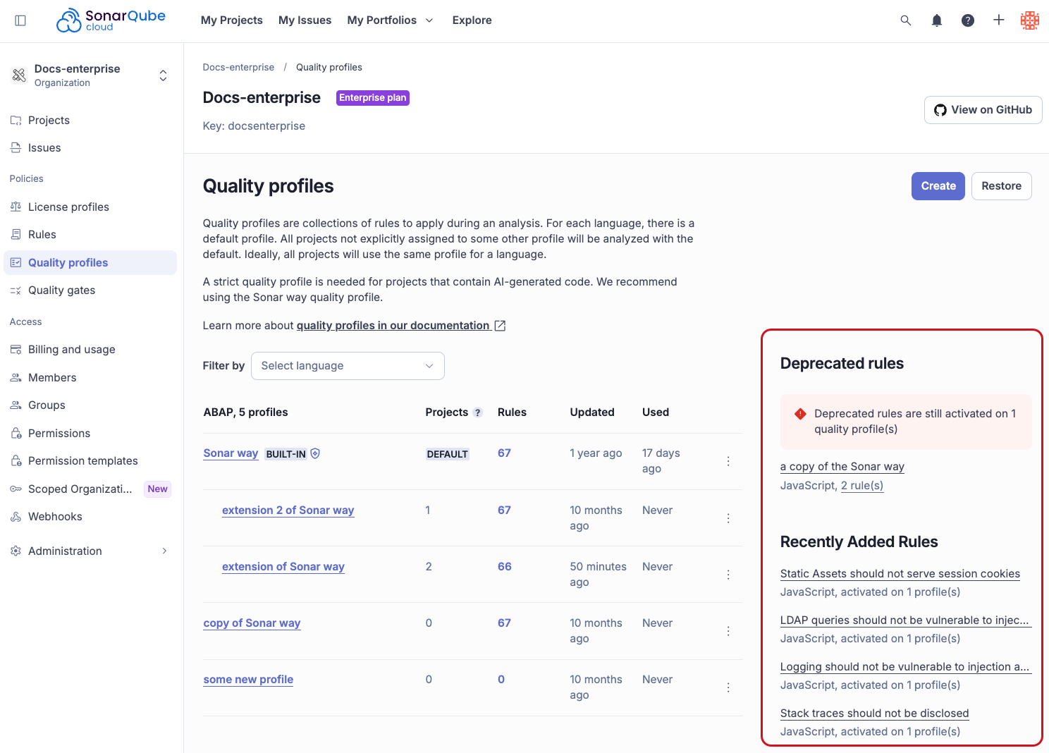 Stagnant Profiles and Recently Added Rules section on the Quality Profiles page