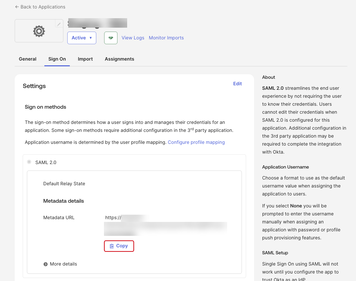 Select the Copy tool to copy the Metadata URL.