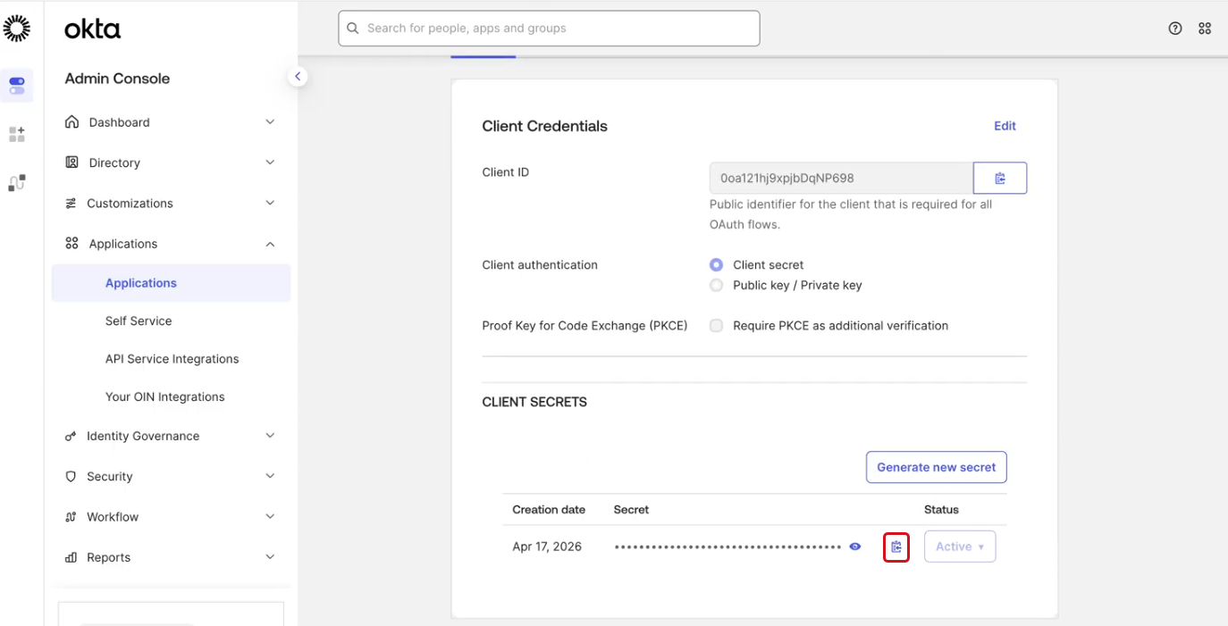 Select the copy tool in front of the secret value.