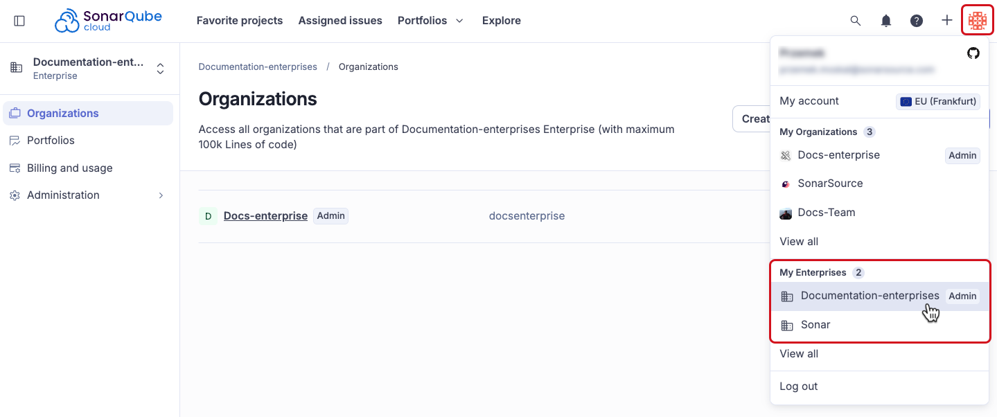 A screenshot of the SonarQube Cloud account menu, showing the My Organizations and My Enterprises sections. The My Enterprises section, where you select your enterprise to reach its Organizations page, is highlighted.