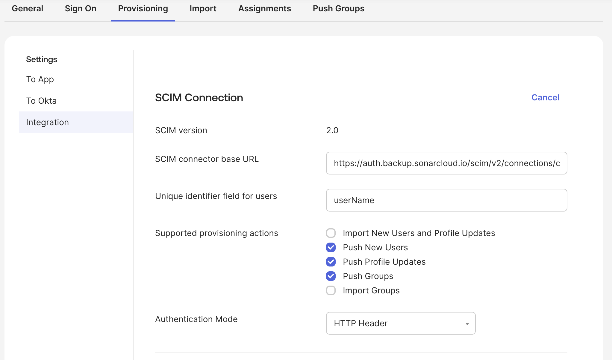 Set the SCIM connection in Okta.