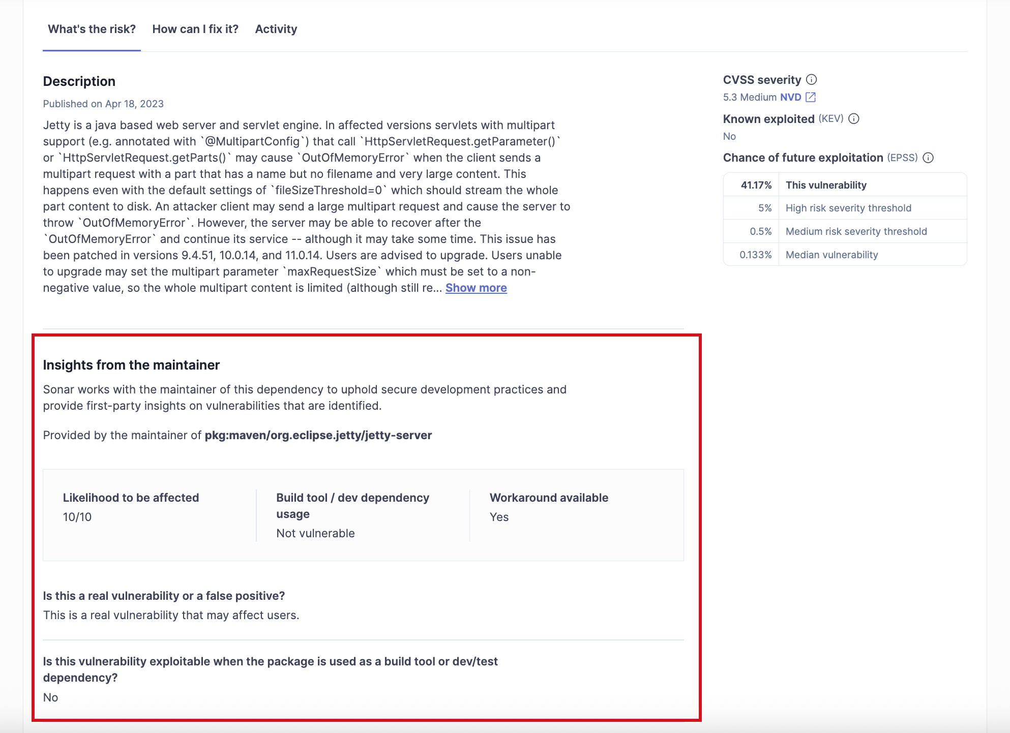 The Insights from the maintainer tab in the SonarQube UI.