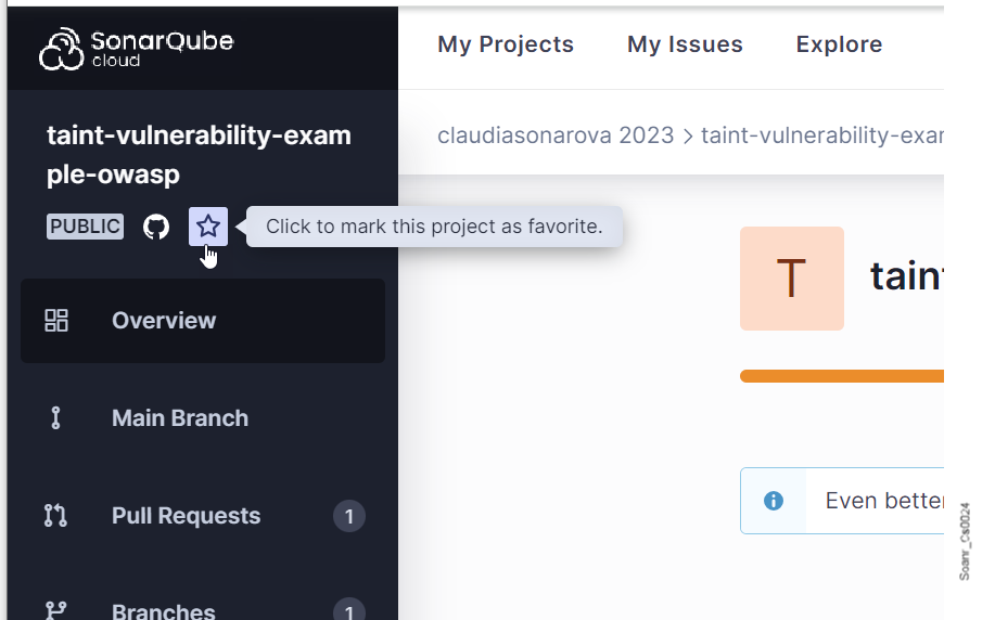 SonarQube Cloud provides an easy way to mark your favorite projects. From the Project's Overview page, select the star in the upper left corner.